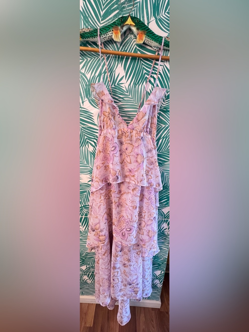 Victoria's Secret Lavender Floral Ruffle layered dress with Gold Accents Sz L